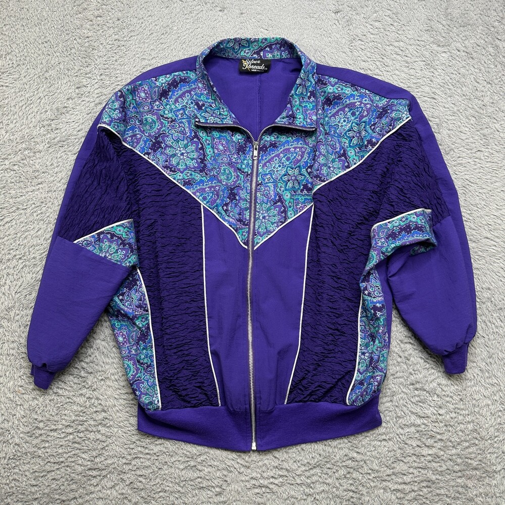 Vintage 90s Silver Threads Jacket Womens L Purple Teal Paisley Ruffle Full Zip